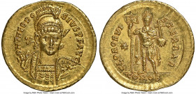 Theodosius II, Eastern Roman Empire (AD 402-450). AV solidus (21mm, 4.47 gm, 6h). NGC Choice AU S 5/5 - 5/5. Constantinople, ca. AD 424-425. D N THEOD...