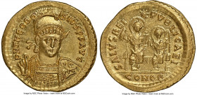 Theodosius II, Eastern Roman Empire (AD 402-450). AV solidus (21mm, 4.48 gm, 6h). NGC MS 5/5 - 4/5. Constantinople, 10th officina, AD 425-429. D N THE...