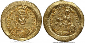 Theodosius II, Eastern Roman Empire (AD 402-450). AV solidus (21mm, 4.46 gm, 5h). NGC MS 5/5 - 4/5, edge scuff. Constantinople, ca. AD 442-443. D N TH...