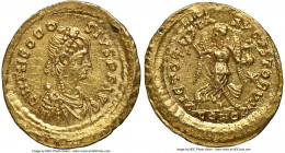 Theodosius II, Eastern Roman Empire (AD 402-450). AV tremissis (15mm, 1.44 gm, 12h). NGC Choice AU 5/5 - 2/5, graffiti. Constantinople. D N THEODO-SIV...