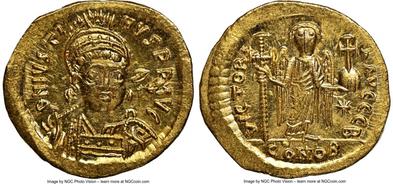 Justin I (AD 518-527). AV solidus (20mm, 4.49 gm, 6h). NGC Gem MS 5/5 - 5/5. Con...