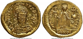Justin I (AD 518-527). AV solidus (20mm, 4.49 gm, 6h). NGC Gem MS 5/5 - 5/5. Constantinople, 2th officina. D N IVSTI-NVS PP AVG, helmeted, cuirassed b...