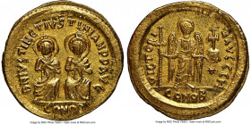 Justin I and Justinian I (4 April-1 August AD 527). AV solidus (21mm, 4.49 gm, 7h). NGC Choice AU 4/5 - 4/5. Constantinople, 8th officina. D N IVSTIN ...