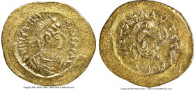 Justinian I the Great (AD 527-565). AV semissis (19mm, 2.23, 5h). NGC MS 4/5 - 3/5, wavy flan. Constantinople. D N IVSTINI-ANVS PP AVG, pearl-diademed...
