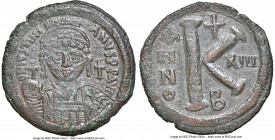 Justinian I the Great (AD 527-565). AE half-follis or 20 nummi (30mm, 12.49 gm, 6h). NGC Choice XF 4/5 - 2/5. Constantinople, dated Regnal Year 13 (AD...