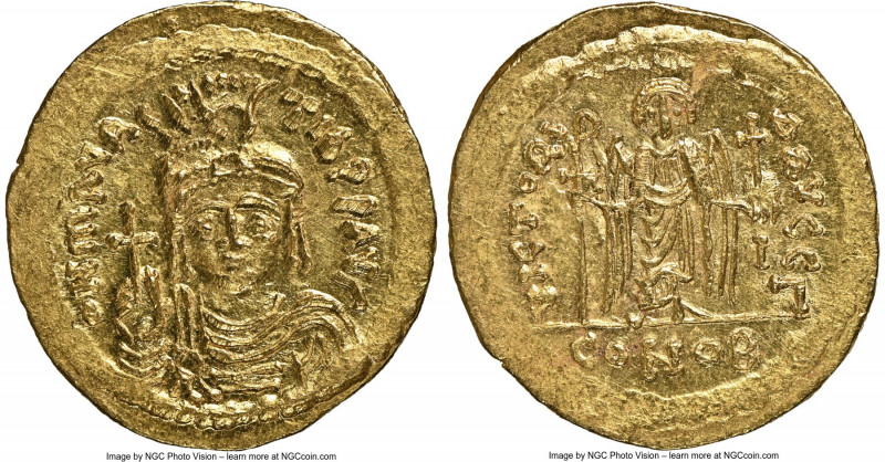 Maurice Tiberius (AD 582-602). AV solidus (21mm, 4.47 gm, 7h). NGC MS 5/5 - 5/5....