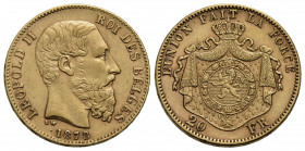 BELGIO . Leopoldo II (1865-1909) . 20 Franchi. 1878 . AU Kr. 37. BB-SPL