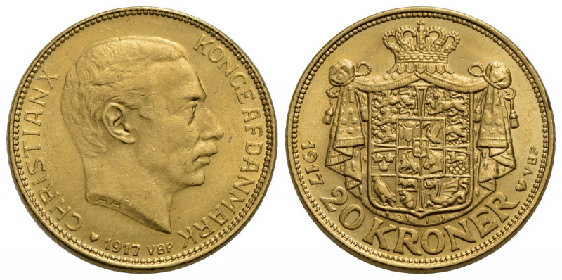 DANIMARCA . Cristiano X (1912-1947) . 20 Corone. 1917 . AU Kr. 817.1. SPL-FDC