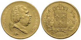 FRANCIA . Luigi XVIII (1814-1824) . 40 Franchi. 1818 W . AU Kr. 713.6. BB-SPL
