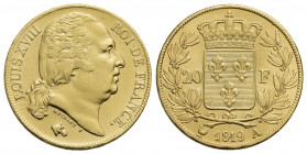 FRANCIA. Luigi XVIII (1814-1824). 20 Franchi 1819 A. AU Kr. 712.1. qFDC