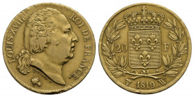 FRANCIA . Luigi XVIII (1814-1824) . 20 Franchi. 1819 W . AU Kr. 712.9. BB