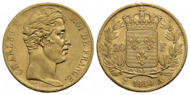 FRANCIA . Carlo X (1824-1830) . 20 Franchi. 1830 A . AU Kr. 190.1. qSPL
