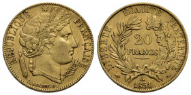 FRANCIA . Seconda Repubblica (1848-1852) . 20 Franchi. 1851 A . AU Kr. 762. BB+