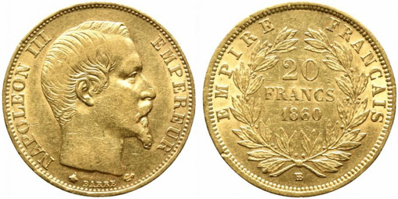 FRANCIA. 20 Franchi 1860 BB (Strasburgo). Au (6,45 g). SPL