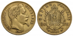 FRANCIA . Napoleone III (1852-1870) . 20 Franchi. 1866 BB - Testa laureata . AU Kr. 801.2. BB+