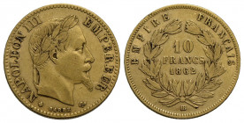 FRANCIA . Napoleone III (1852-1870) . 10 Franchi. 1862 BB - Testa laureata . AU Kr. 800.2. BB