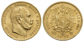 GERMANIA - PRUSSIA. Guglielmo I 10 Marchi 1872 A. AU Kr. 502. FDC