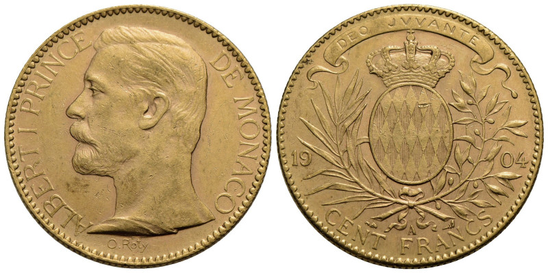 MONACO. Alberto (1889-1922). 100 Franchi. 1904 . AU Kr. 105 Minimi segnetti - Be...