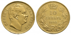 SERBIA . Milan Obrenovich IV (1868-1889) . 10 Dinari. 1882 . AU Kr. 16 Appiccagnolo abilmente rimosso. BB-SPL