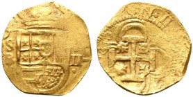 SPAGNA. Filippo III (1598-1621). Siviglia cob 2 escudos Au (6.73 g - 21 mm). Scudo sormontato da corona; R/croce potenziata. Calicò 1050. qSPL
