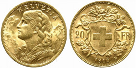 SVIZZERA. 20 franchi 1910. Au (6,45 g). qFDC