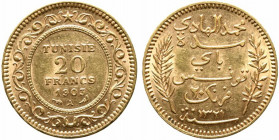 TUNISIA. 20 franchi 1903 A (Parigi). Au (6,45 g). SPL+