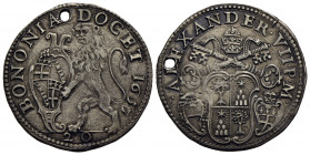 BOLOGNA. Alessandro VII (1655-1667) . Lira. 1657 . AG RRRR CNI 48; Munt. 63b Forata - Moneta di esimia rarità - Non abbiamo trovato passaggi in asta p...