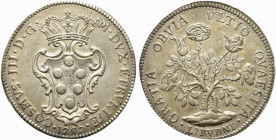 LIVORNO. Cosimo III De' Medici (1670-1723). Pezza della rosa Ag (25.98 g - 42.5 mm). D/COSMVS III D G M DVX ETRVRIAE; stemma poligonale in cartella ad...