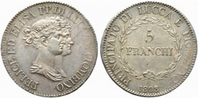LUCCA E PIOMBINO. Elisa Bonaparte e Felice Baciocchi (1805-1814). 5 Franchi 1808 Ag (24.98 g - 37.4 mm). D/busti accollati a destra. R/ nel campo 5 FR...