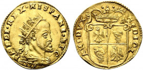 MILANO. Filippo II (1556-1598). Doppia 1578 Au (6.63 g - 26.6 mm). D/busto radiato a destra, sotto il busto 1578. R/Stemma. Negrini-Varesi 306; Cr.4a;...