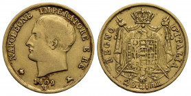 MILANO . Napoleone I, Re d'Italia (1805-1814) . 20 Lire. 1809 . AU Pag. 19; Mont. 206 Puntali aguzzi. bel BB