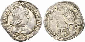 NAPOLI. Ferdinando I d'Aragona (1458-1494). Coronato Ag (3.97 g - 25.1 mm). D/busto coronato a destra, dietro sigla I. R/l'Arcangelo Michele in piedi ...