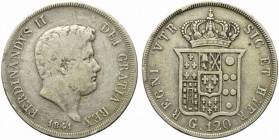 NAPOLI. Ferdinando II di Borbone (1830-1859). Piastra da 120 grana 1841 var. testa più grande. Ag (27,18 g). Magliocca 560 - R2; Gig. 81 - R3. qBB