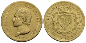 Carlo Felice (1821-1831) . 40 Lire. 1825 T . AU R Pag. 42; Mont. 23. BB+/qSPL
