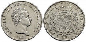 Carlo Felice (1821-1831) . 5 Lire. 1828 G . AG Pag. 74; Mont. 66. SPL-FDC