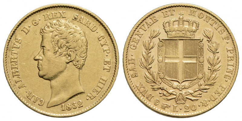 Carlo Alberto (1831-1849) . 20 Lire. 1832 T . AU RR Pag. 176; Mont. 44. BB+/SPL