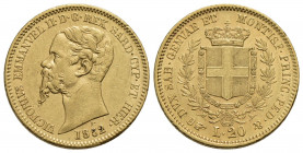 Vittorio Emanuele II (1849-1861) . 20 Lire. 1852 T . AU Pag. 342; Mont. 6. qSPL/SPL+