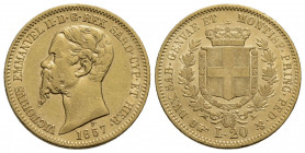 Vittorio Emanuele II (1849-1861) . 20 Lire. 1857 T . AU Pag. 351; Mont. 17. BB+