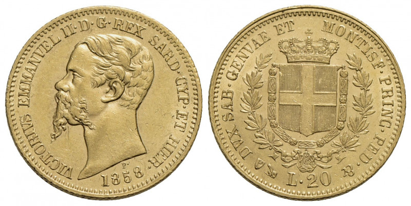 Vittorio Emanuele II (1849-1861) . 20 Lire. 1858 G . AU Pag. 352; Mont. 21 R/ ec...