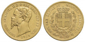 Vittorio Emanuele II (1849-1861) . 20 Lire. 1858 T . AU RR Pag. 353; Mont. 20. qSPL/SPL