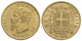Vittorio Emanuele II Re d'Italia (1861-1878) . 20 Lire. 1862 T . AU Pag. 456; Mont. 132. SPL/qFDC