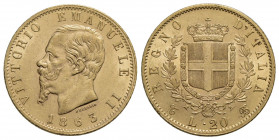Vittorio Emanuele II Re d'Italia (1861-1878) . 20 Lire. 1863 T . AU Pag. 457; Mont. 133 Eccezionale. FDC