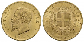 Vittorio Emanuele II Re d'Italia (1861-1878) . 20 Lire. 1865 T . AU Pag. 459; Mont. 135 Eccezionale. FDC