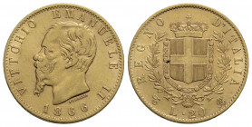 Vittorio Emanuele II Re d'Italia (1861-1878) . 20 Lire. 1866 T . AU R Pag. 460; Mont. 136. MB/qBB