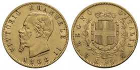 Vittorio Emanuele II Re d'Italia (1861-1878) . 20 Lire. 1868 T . AU Pag. 462; Mont. 138. BB+