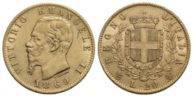 Vittorio Emanuele II Re d'Italia (1861-1878) . 20 Lire. 1869 T . AU Pag. 463; Mont. 139. qSPL