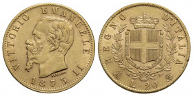 Vittorio Emanuele II Re d'Italia (1861-1878) . 20 Lire. 1873 M . AU Pag. 468; Mont. 144. qSPL/SPL+