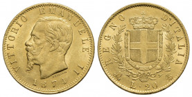 Vittorio Emanuele II Re d'Italia (1861-1878) . 20 Lire. 1874 M . AU Pag. 470; Mont. 146 R/ eccezionale. FDC