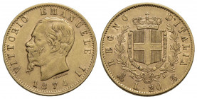 Vittorio Emanuele II Re d'Italia (1861-1878) . 20 Lire. 1874 M . AU Pag. 470; Mont. 146. MB/BB