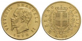 Vittorio Emanuele II Re d'Italia (1861-1878) . 20 Lire. 1878 R . AU Pag. 475; Mont. 152. qSPL/SPL+